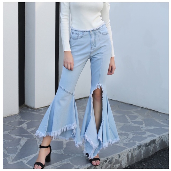 Denim - Flared Leg Torn Long Side Ruffle Jeans